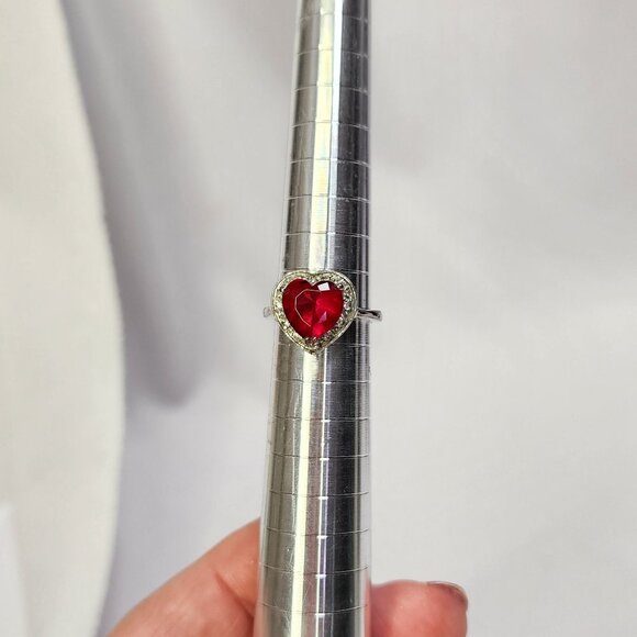 Simulated Heart-Shaped Ruby Silver Ring with CZ - Picture 7 of 8